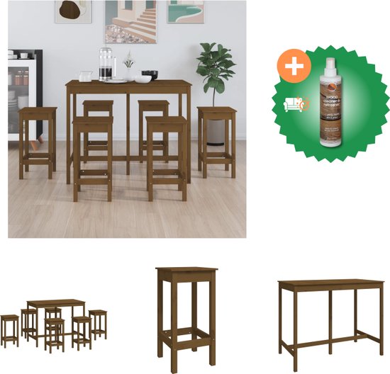 vidaXL 7-delige Barset massief grenenhout honingbruin - Set tafel en stoelen - Inclusief Houtreiniger en verfrisser