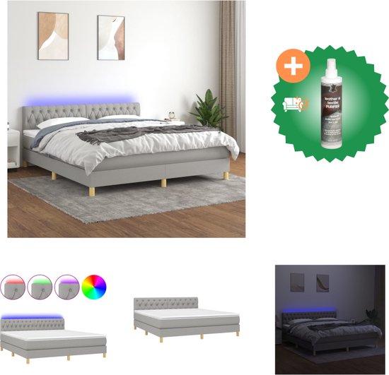 vidaXL Boxspring met matras en LED stof lichtgrijs 160x200 cm - Bed - Inclusief Reiniger