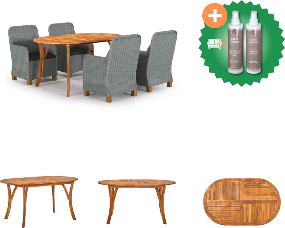 VidaXL Tuintafel en Eetstoelen Set Acaciahout Lichtgrijze Stoelen 150 x 90 x 75 cm Tuinset Inclusief Onderhoudsset