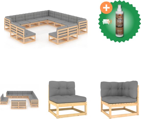 vidaXL 13 delige Loungeset met kussens massief grenenhout Tuinset Inclusief Houtreiniger en verfrisser