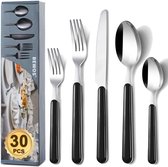 Bestekset voor 6 personen, 30-delig bestekset zwart incl. mes, vork, lepel, gekleurde handgrepen camping bestek, vaatwasmachinebestendig