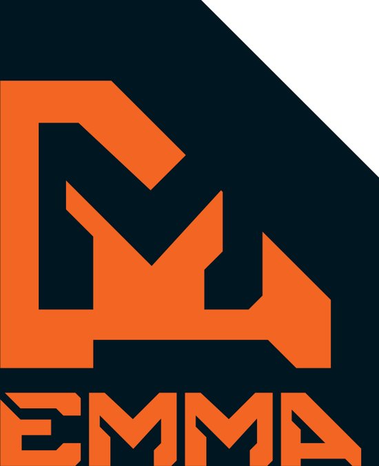 Oranje en zwart logo met de tekst EMMA.