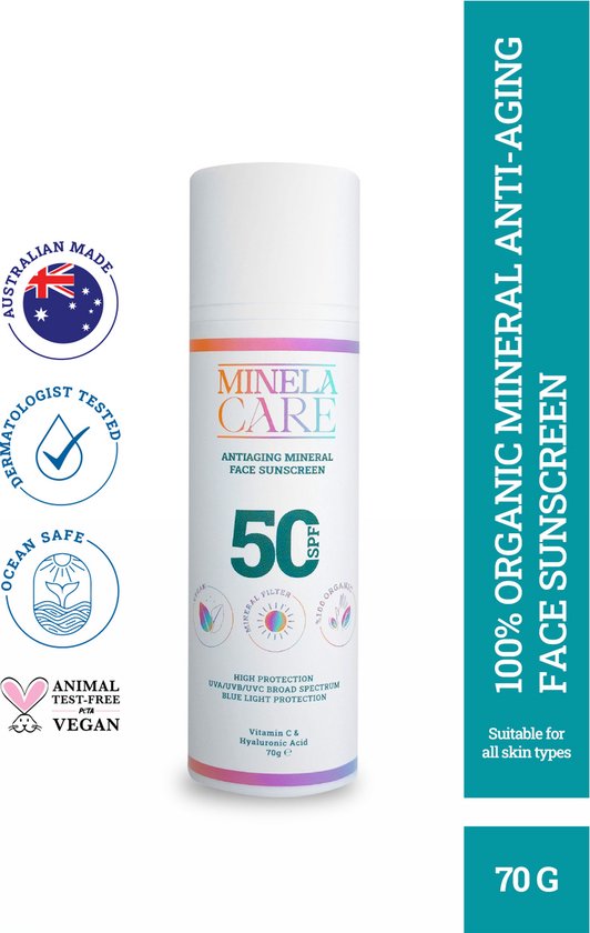 Minela Care - Biologische Minerale Zonnebrand - Hydraterende met Hyaluronzuur - Crème - voor gezicht - SPF50+ 70 gr