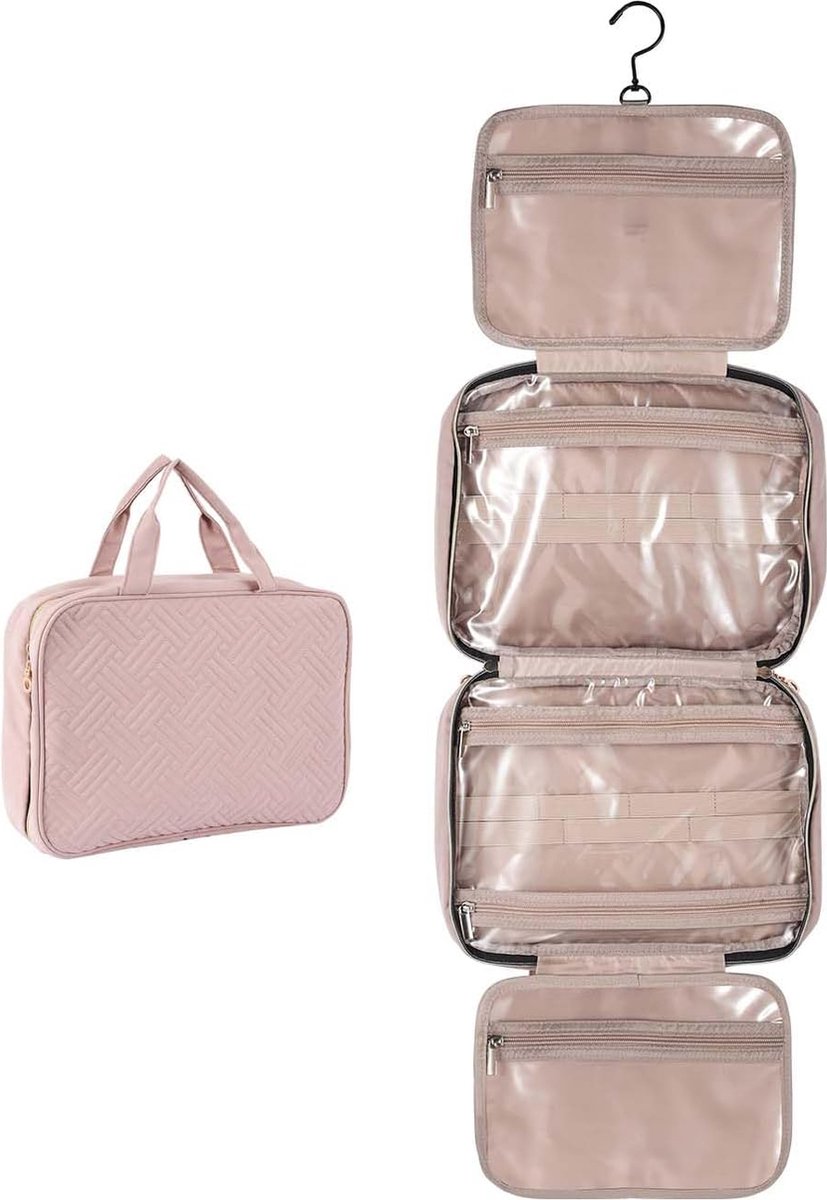 Toilettas voor op reis, cosmeticatas, waterdicht, met haken om op te hangen, voor shampoo, badkameraccessoires, houder in volledige grootte, roze (toilettas), toilettas