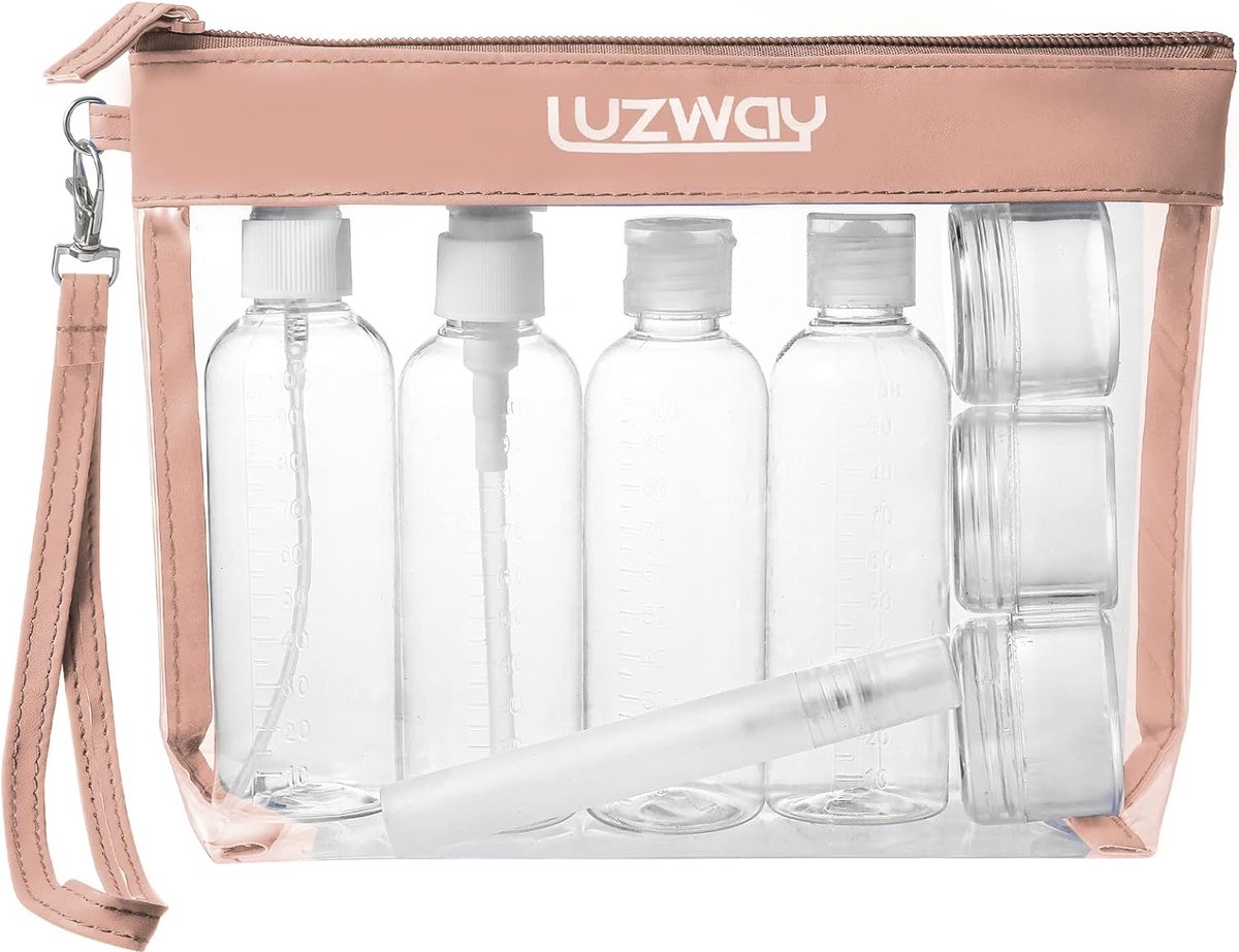 Toilettas, doorzichtig, met 8 reisflessen (max. 100 ml), transparante make-uptas voor vloeistoffen, reisset, handbagage voor vliegtuigen, cosmeticaflessen, handbagage, tas