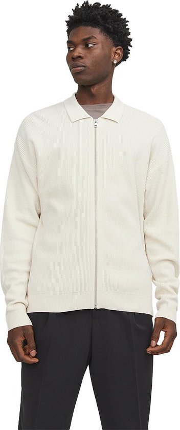 JACK & JONES Cardigan en maille parfaite printemps coupe slim - cardigan homme en coton avec col polo - blanc cassé - Taille : L