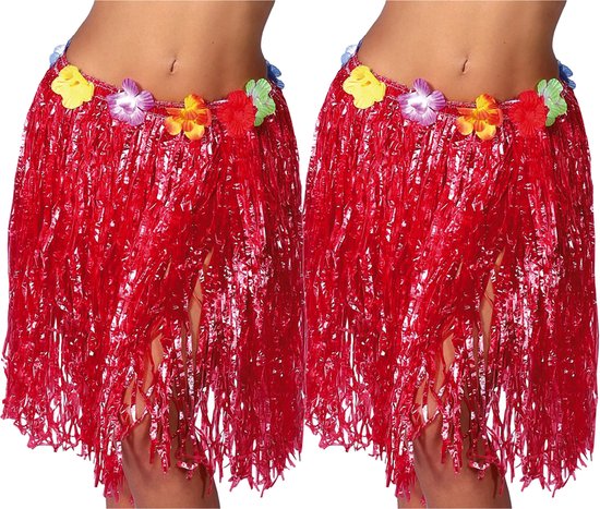 Fiestas Guirca Hawaii verkleed rokje - 2x - voor volwassenen - rood - 50 cm - hoela rok - tropisch