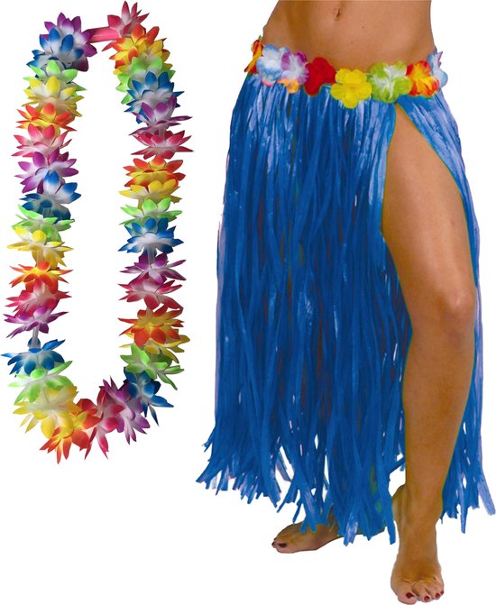Hawaii verkleed hoela rokje en bloemenkrans met led - volwassenen - blauw - tropisch themafeest