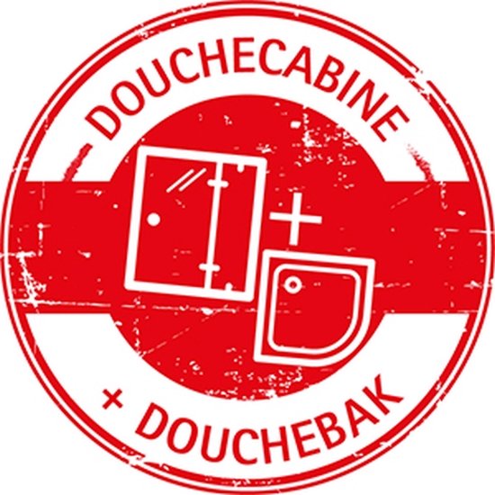 Cachet rouge avec le texte 'DOUCHECABINE + DOUCHEBAK' et des images d'une cabine de douche et d'un receveur de douche.