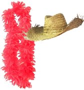 Carnaval verkleedset - Tropical Hawaii party - dames strohoed in beige - en volle bloemenslinger neon roze