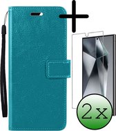 Hoes Geschikt voor Samsung S24 Ultra Hoesje Bookcase Hoes Flip Case Book Cover Met 2x Screenprotector - Hoesje Geschikt voor Samsung Galaxy S24 Ultra Hoes Book Case Hoesje - Turquoise