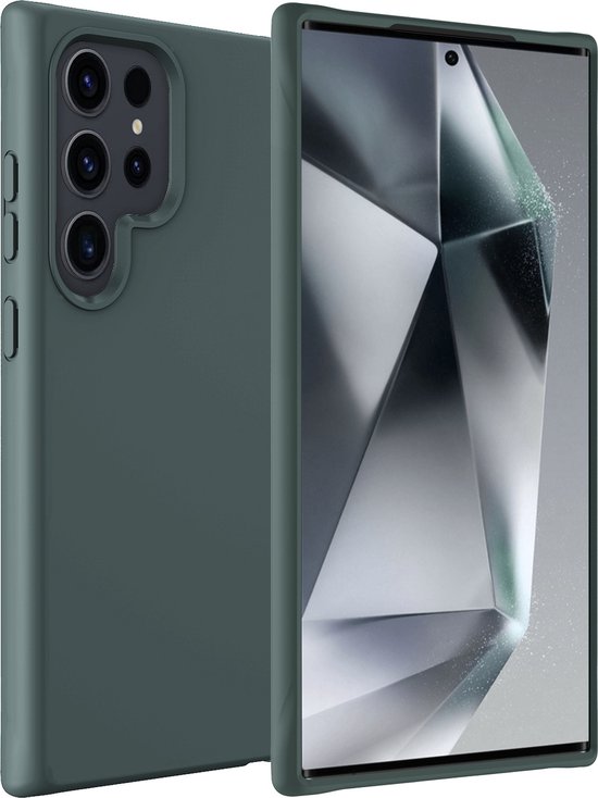 Étui vert foncé pour Samsung Galaxy S24 Ultra avec smartphone. Le côté montre les boutons et les ports.