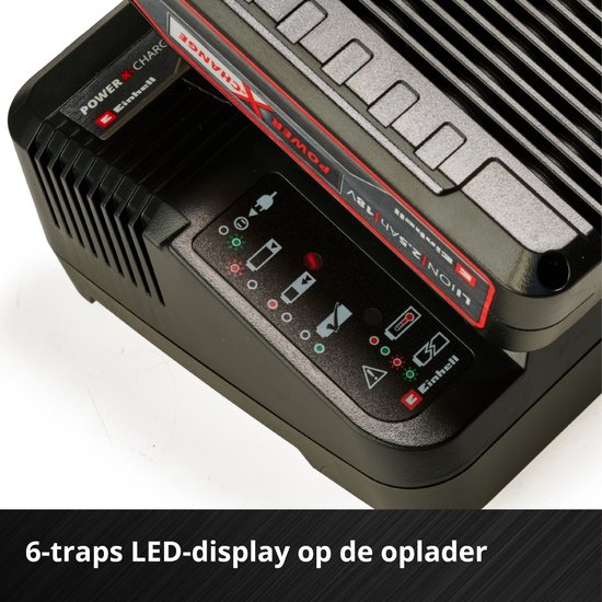 Close-up van Einhell oplader met 6-traps LED-display.