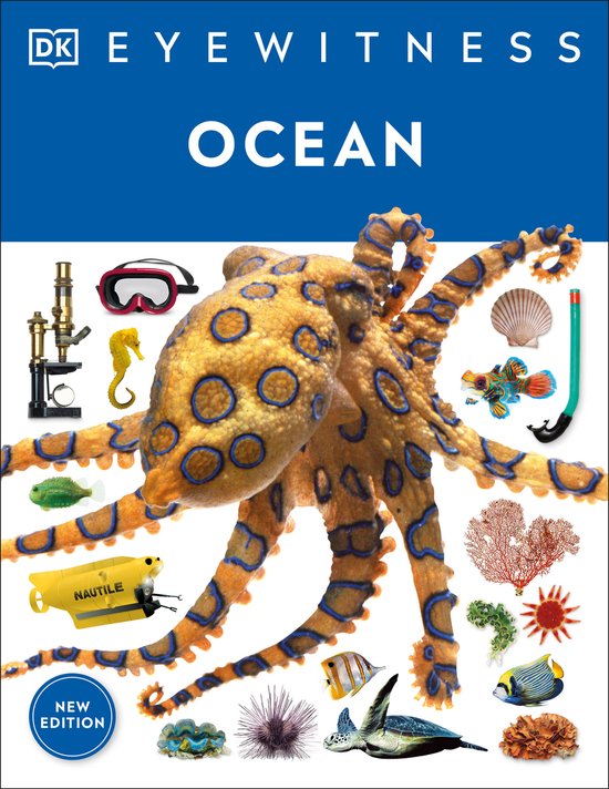 Boekomslag 'DK Eyewitness OCEAN' met grote blauwgeringde octopus, zeester, zeepaardje en snorkeluitrusting.