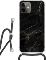 Hoesje met koord Geschikt voor iPhone 11 - Marmer print look - Luxe - Zwart - Goud - Siliconen - Crossbody - Backcover met Koord - Telefoonhoesje met koord - Hoesje met touw