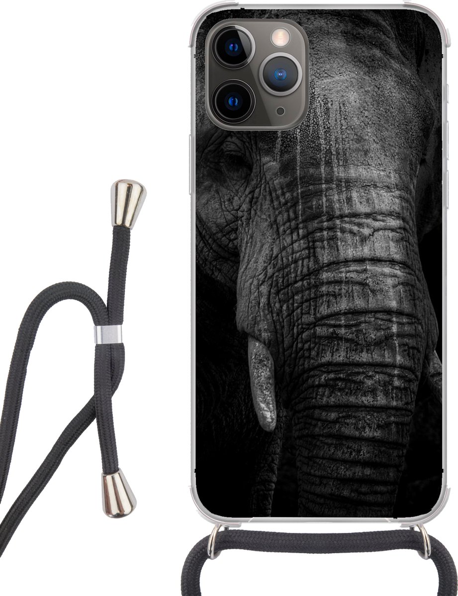 Telefoonhoesje Geschikt voor iPhone 13 Pro - Olifant op zwarte achtergrond in zwart-wit - Siliconen - Crossbody - Backcover met Koord - Telefoonhoesje met koord - Hoesje met touw Telefoonhoesje