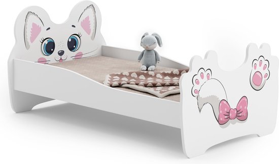 Lit enfant chat rose 140x70 avec tiroir, matelas et sommier inclus