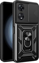 Hoesje met Camera Slider Geschikt voor de Oppo A58 4G - Back Cover met Standaard - Uitklapbare Kickstand Ring - Beschermhoes TPU - Magneet voor Auto Houder Zwart
