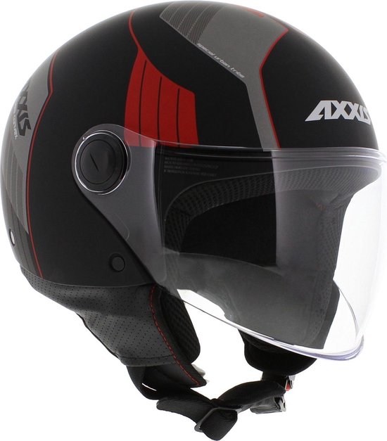 Casque noir avec accents graphiques rouges et gris, logo AXXIS et visière transparente.