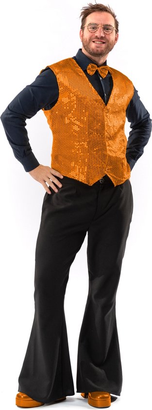 Original Replicas - Glitter & Glamour Kostuum - Paillettenvest Met Strik Oracle Orange Man - Oranje - Medium - Kerst - Verkleedkleding