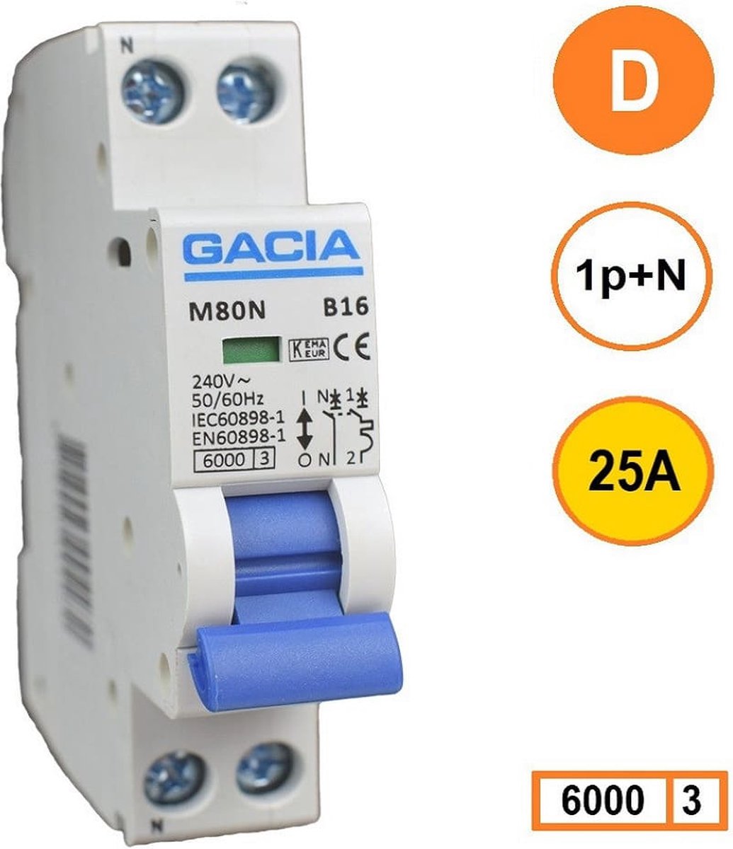 Gacia installatieautomaat 1P+N D25 6KA - M80N-D25