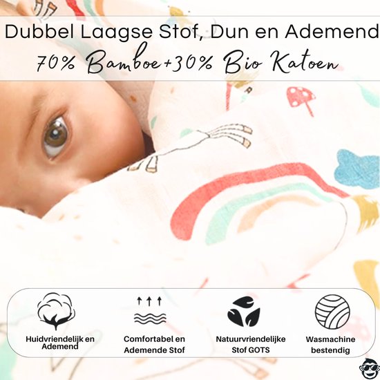 BoefieBoef XL Hydrofiele Doek 120x110cm - Zachte Bamboe Swaddle, Inbakerdoek, Mousseline Doek voor Baby's en Newborns 0 tot 12 maanden - Regenboog Eenhoorn - Dubbellaags, Ademend en Absorberend - Kerst en KraamCadeau - - Duurzaam - Babydeken - Wit van BoefieBoef — afbeelding 2