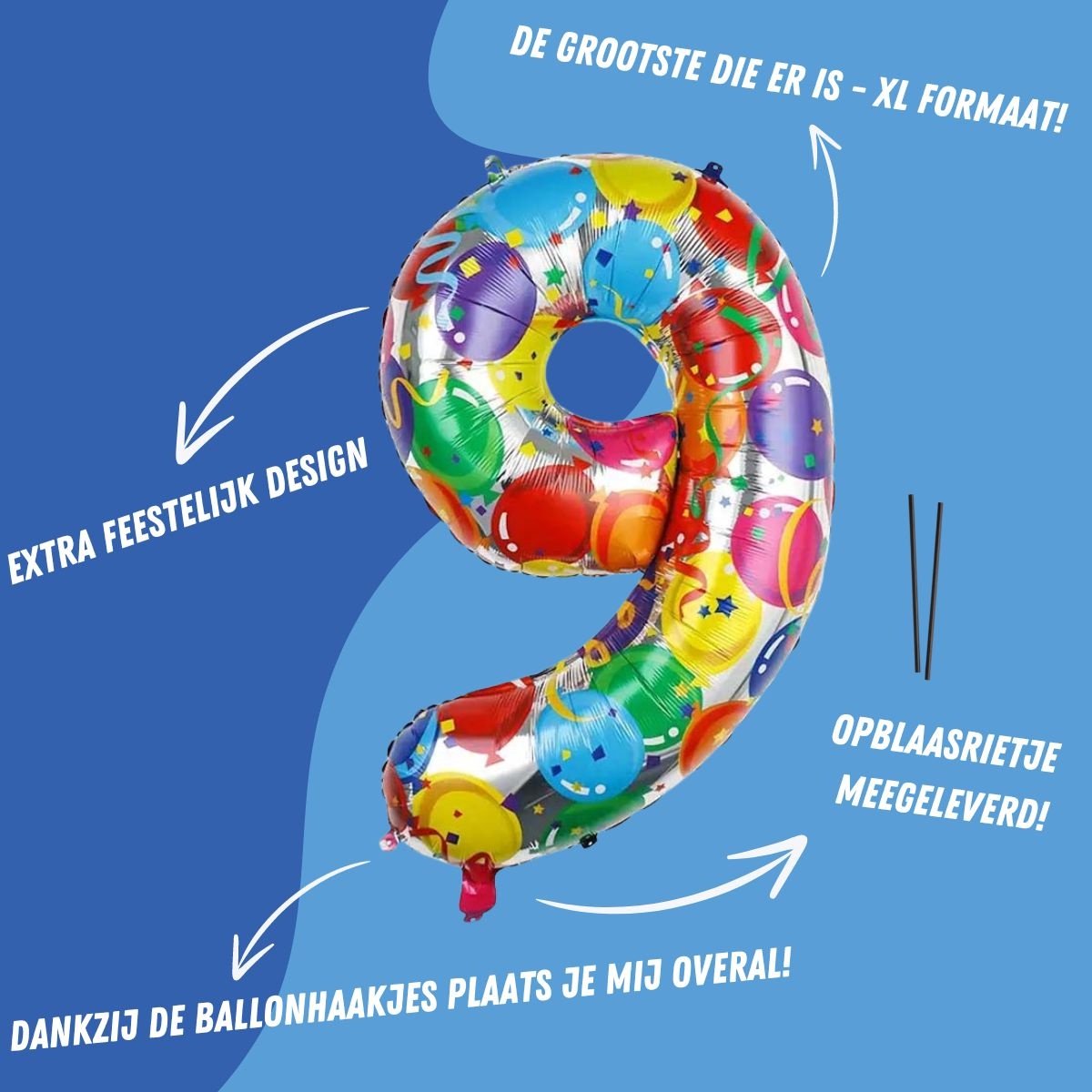 Folieballon Cijfer 9 Jaar Verjaardag Versiering Cijferballon Feest Decoratie Helium Ballonnen Folie Gekleurd - Xl — afbeelding 2