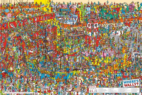 Een drukke 'Waar is Wally?' poster met veel kleine figuren in rood, wit en blauw. Rechtsonder staat 'WHERE'S WALLY?'.