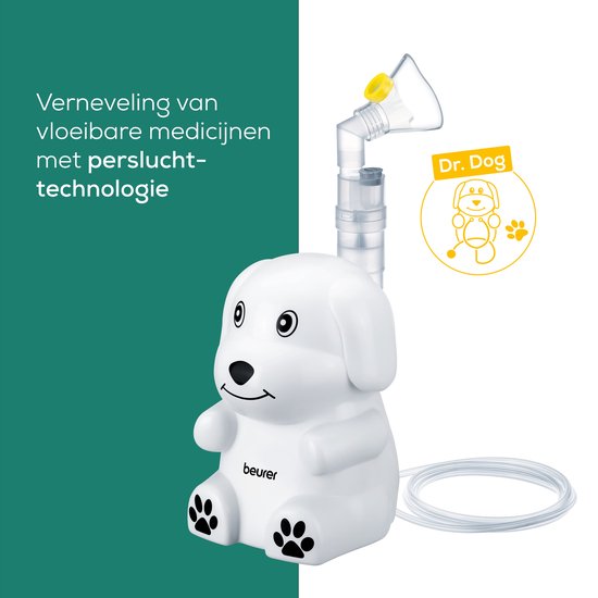 Wit hondje inhalator met "Dr. Dog" logo en tekst "Verneveling van vloeibare medicijnen met perslucht-technologie".
