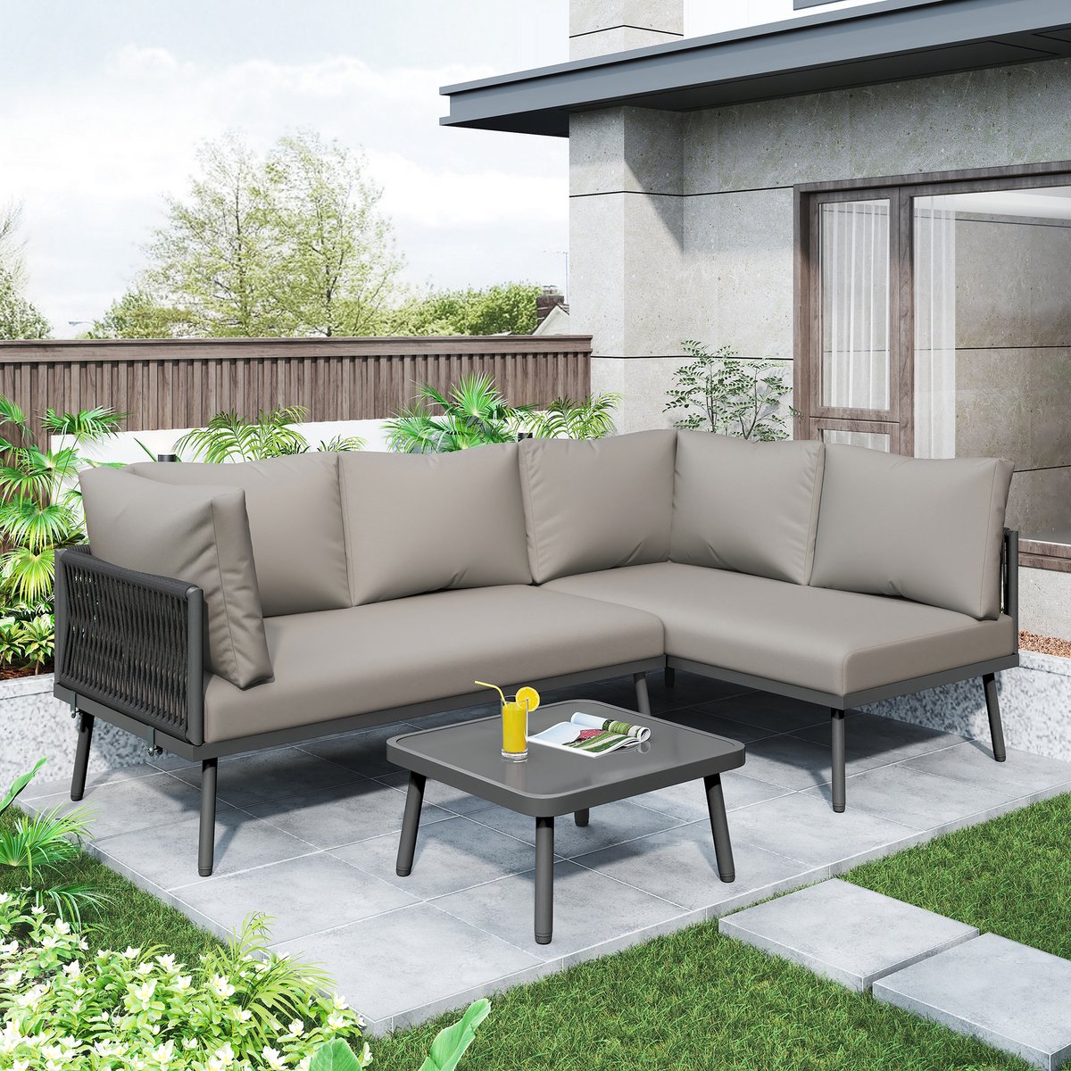Sweiko Tuinset, grijze touw tuinmeubelset, L-vormige tuinmeubelset, grijze touw lounge set met zitkussens, verstelbare voeten, 2-banken en 1-tafel