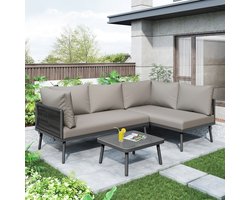 Sweiko Tuinset, grijze touw tuinmeubelset, L-vormige tuinmeubelset, grijze touw lounge set met zitkussens, verstelbare voeten, 2-banken en 1-tafel