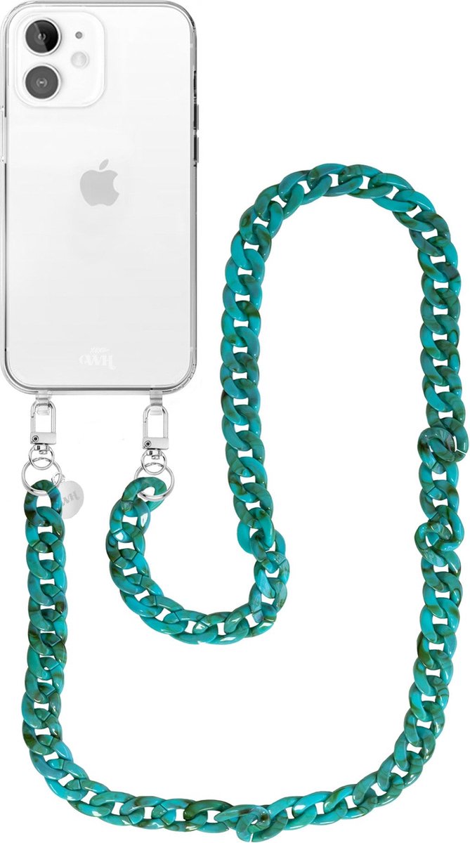 xoxo Wildhearts siliconen hoesje - Geschikt voor iPhone 11 - Blue Ocean - Telefoonhoesje - Hoesje met koord - Blauw koord - lang telefoonkoord - Transparant hoesje (lange variant)