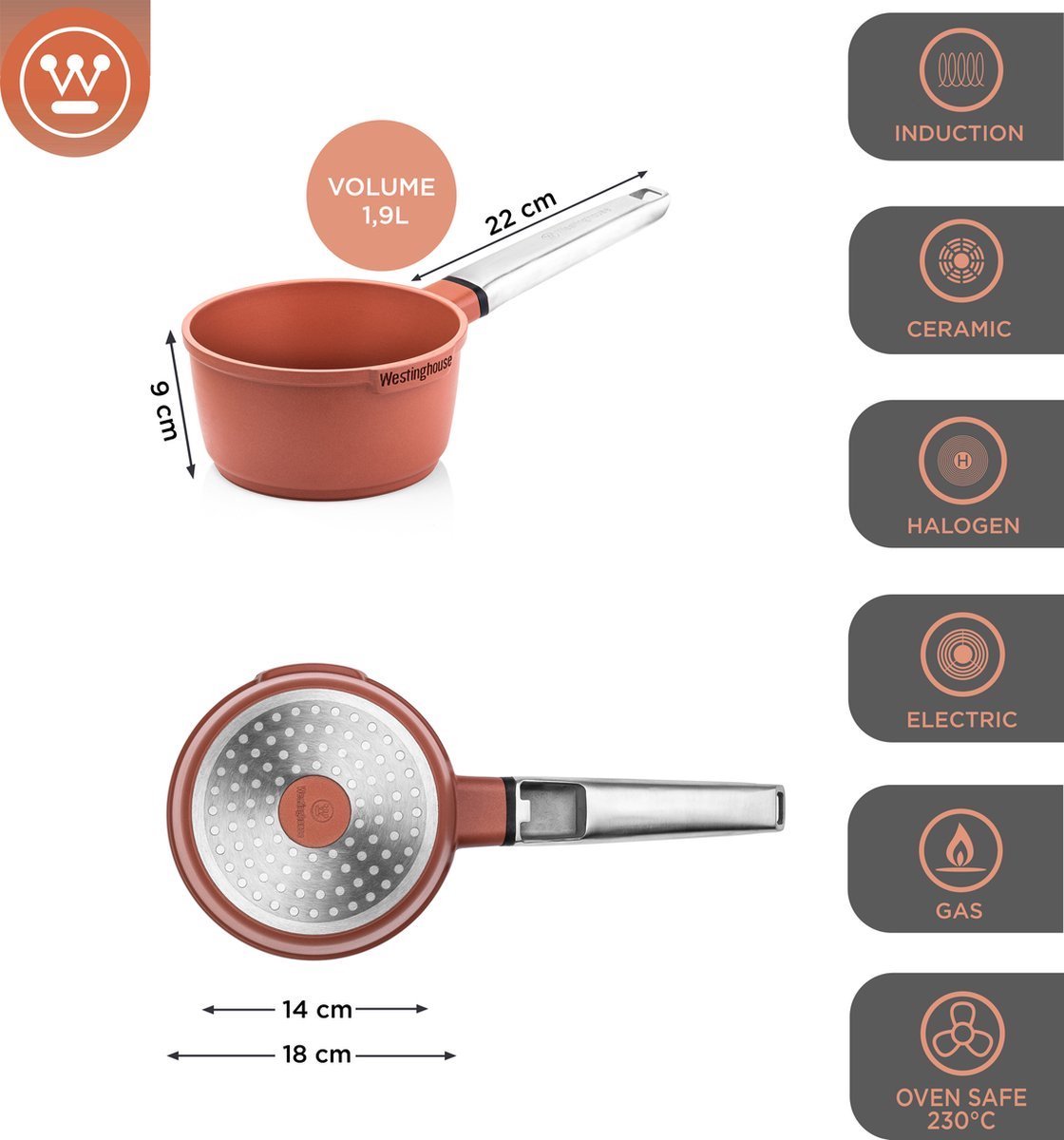 Westinghouse Performance 9-delige Pannenset – Koekenpannen + Braadpannen + Hapjespannen + Wokpan + Grillpan + Steelpan – PFOA-vrij – Inductie – Oranje – foto 7