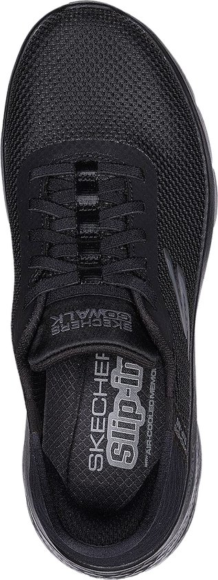 Bovenkant van een zwarte Skechers Go Walk Flex instapper met "Skechers Slip-ins" op de binnenzool.