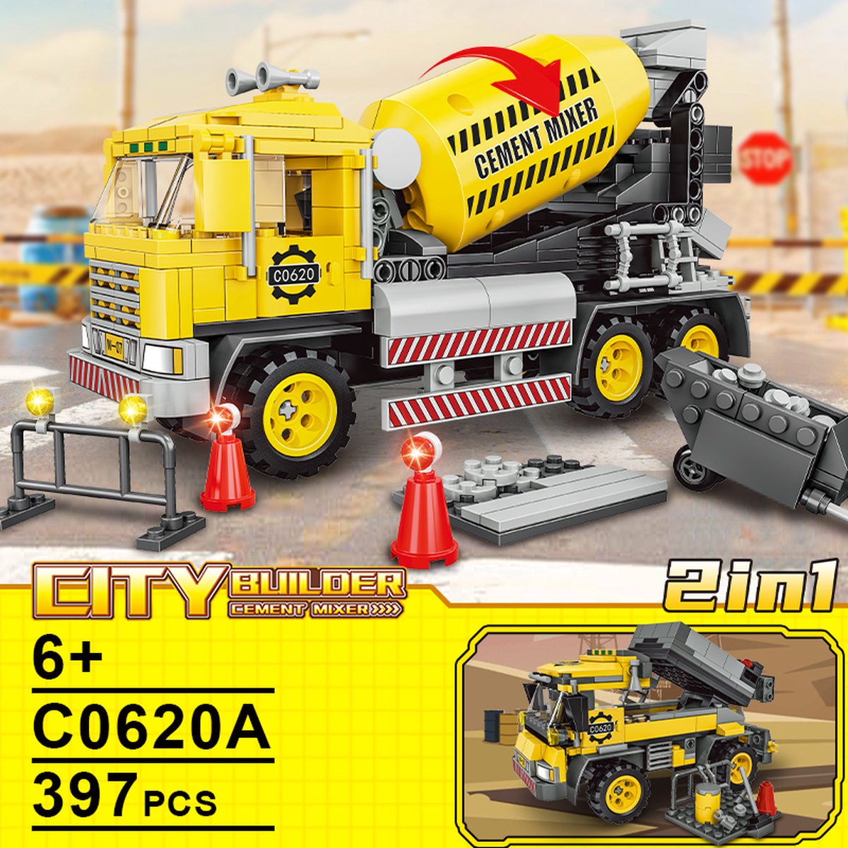 Woma - City Builder - Cement Mixer - Bouwpakket - Bouwblokken - Bouwset - Bouwvoertuigen bouwset - Compatibel met Lego bouwstenen - 397 Stuks