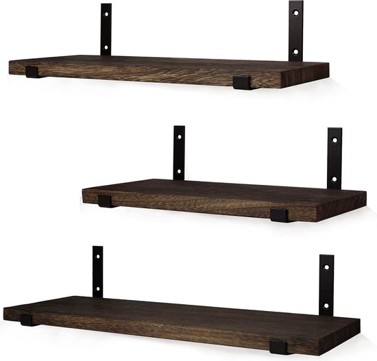 Wandplanken | Set van 3 Houten Zwevende Wandplanken met Plankendragers | 42, 36 en 30 CM * 15 CM | Muurplanken | Wandschappen | Hout | Donkerbruin