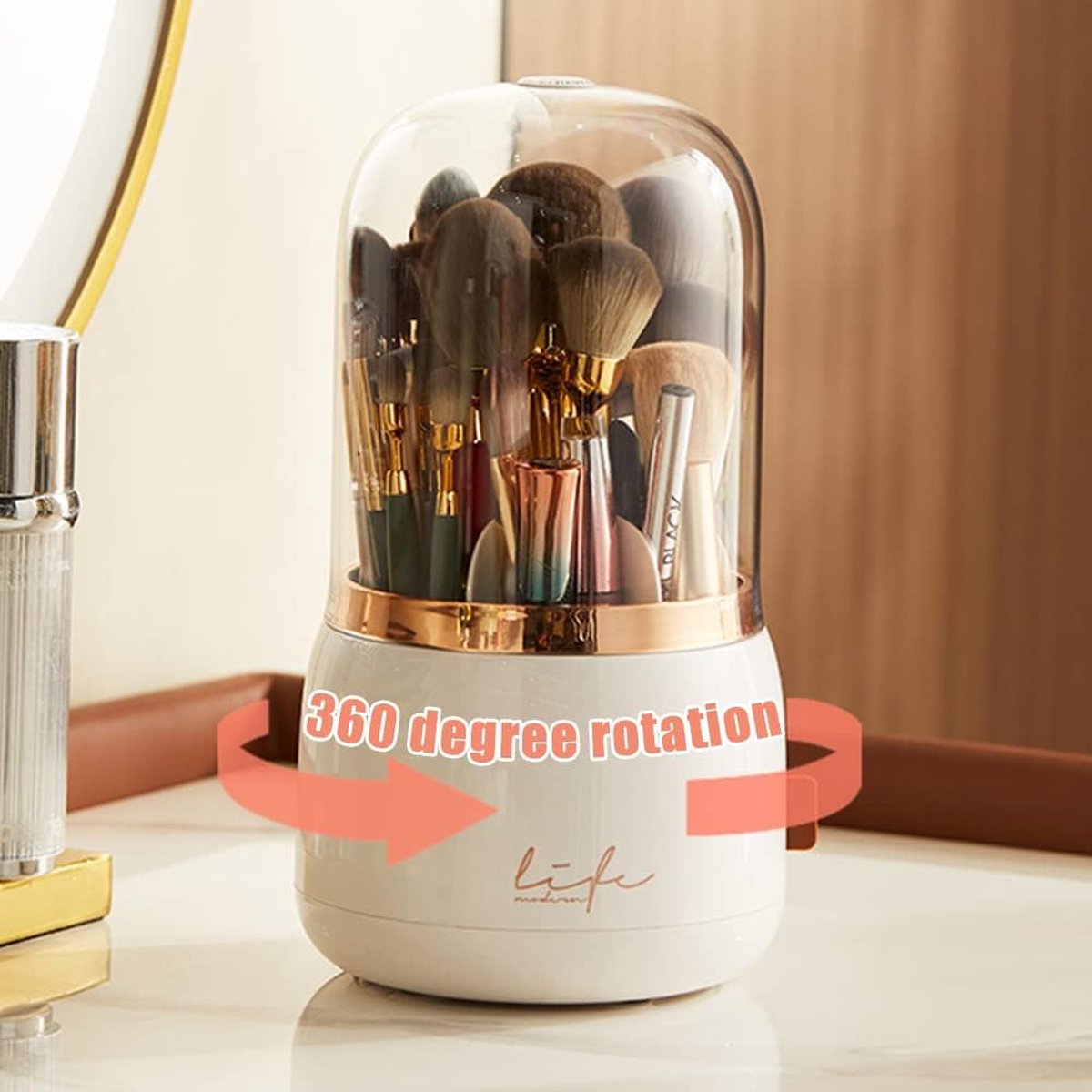 360 graden draaibare cosmetische make-up organizer opbergcontainer met 6 vakken voor cosmetische borstelhouder met helder acryl deksel geschikt voor badkamers kaptafels (wit)