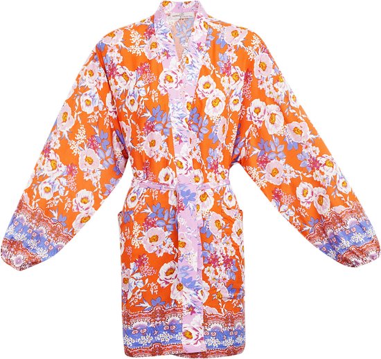 Korte kimono oranje bloemen - multi
