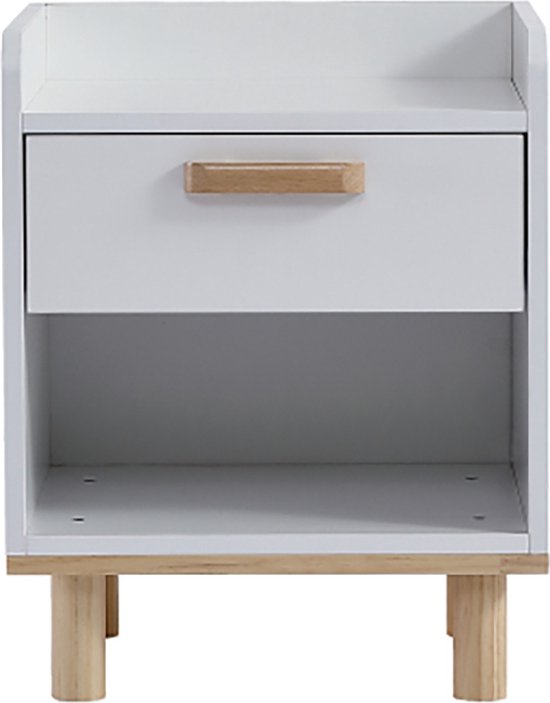 Sweiko nachtkastje, bijzettafel, minimalistisch design, kindermeubel, slaapkamermeubel, met één lade en één vak, opbergruimte, grenen, MDF, wit+natuurlijk