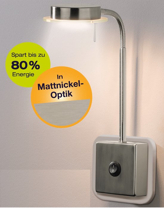 Trango Stekkerlamp 2605 in RVS look incl. 5 Watt 3000K warm witte LED module lamp, wandlamp, leeslamp, keukenlamp, nachtlampje wandlamp, fitting lamp