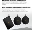 Zwarte inductiebeschermingsmatten hangend aan de muur, een rechthoekige en twee ronde.