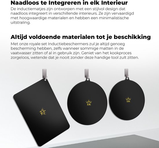 Zwarte inductiebeschermingsmatten hangend aan de muur, een rechthoekige en twee ronde.