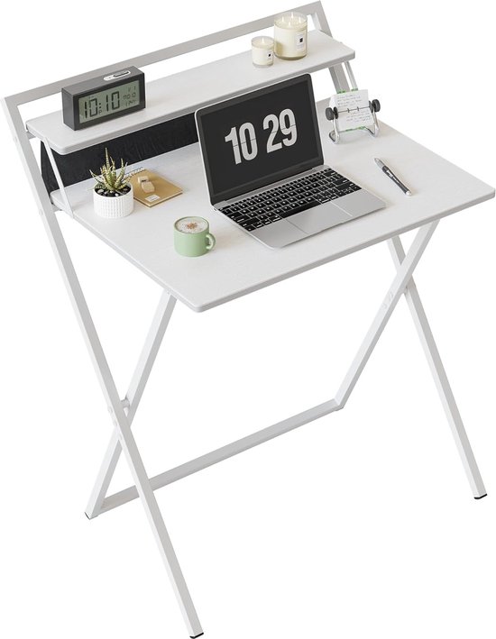 Klein inklapbaar bureau, 60 cm opvouwbare computertafel met plank en opbergtas, geen montage nodig, thuiskantoor, kleine werktafel, wit
