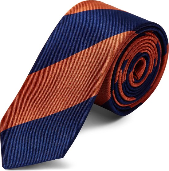 Trendhim Marineblauwe en oranje gestreepte zijden stropdas voor heren - 6 cm