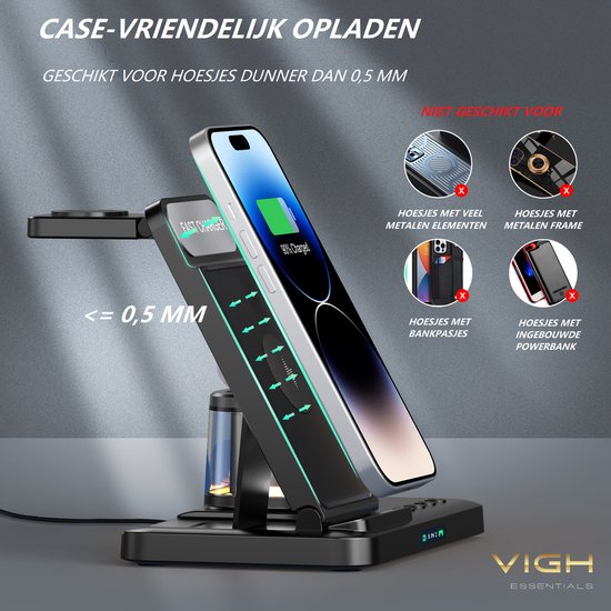 VIGH Essentials - 5-in-1 Draadloze oplader 22.5W snellader - Draadloos Qi Oplaadstation geschikt voor iPhone & Samsung, Apple Watch, AirPods - Met LED Klok & LED Lamp - inclusief kabel en Quick Charge 3.0 adapter - VIGH Essentials