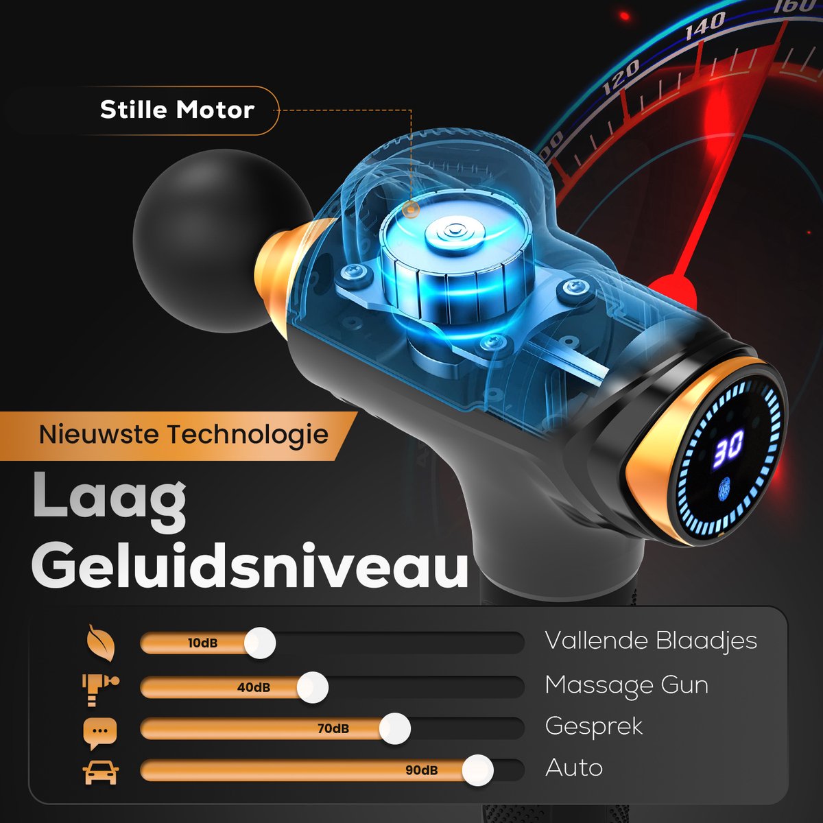 Afbeelding 3 van Apeiron Massage Gun – Massage Apparaat – Massage Pistool – Theragun - Massagegun Professioneel – 30 Snelheidsstanden – 12 Opzetstukken – Touchscreen - 3300 mAh - Zwart & Goud - Gratis E-book