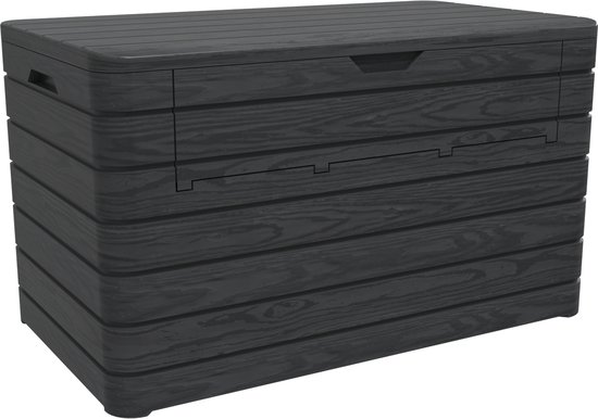 Donkergrijze opbergbox met houtlook, staand op witte achtergrond.