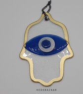 Handgemaakt Glazen Boze Oog Amulet met Ketting - Beschermend Ornament in Blauw, Wit & Goud, 16cm
