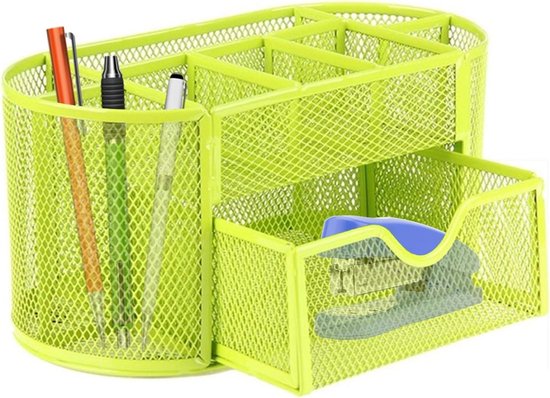 ANTUREBAY Bureau-organizer, zwart, mesh, metaal, bureau-organizer met lade en pennenhouder voor pennen, mappenklemmen, zelfklevende notities, ruimtebesparende bureau-organizer