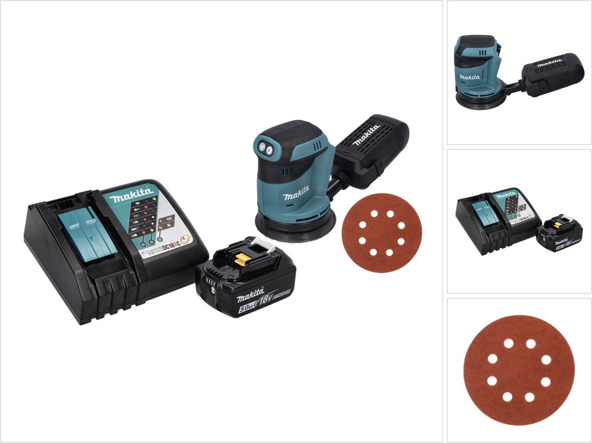 Makita DBO 180 RT1 accu excentrische schuurmachine 18 V 125 mm + 1x accu 5.0 Ah + lader + 50x schuurpapier K 320